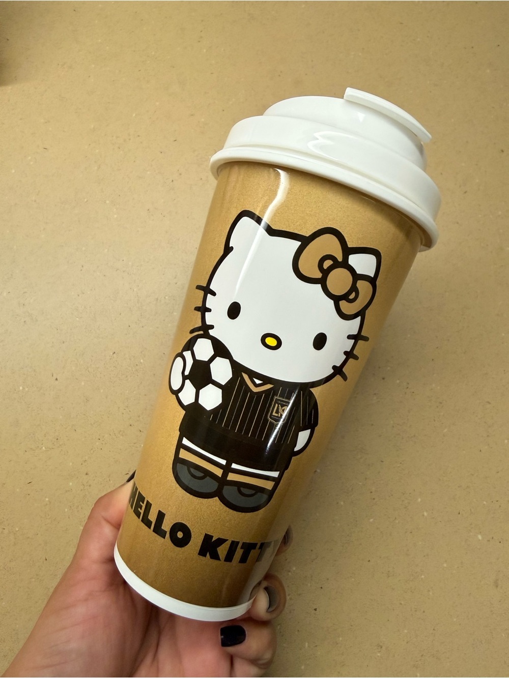 Hello Kitty x LAFC Gold Travel Cup with White Lid and Soccer Graphic